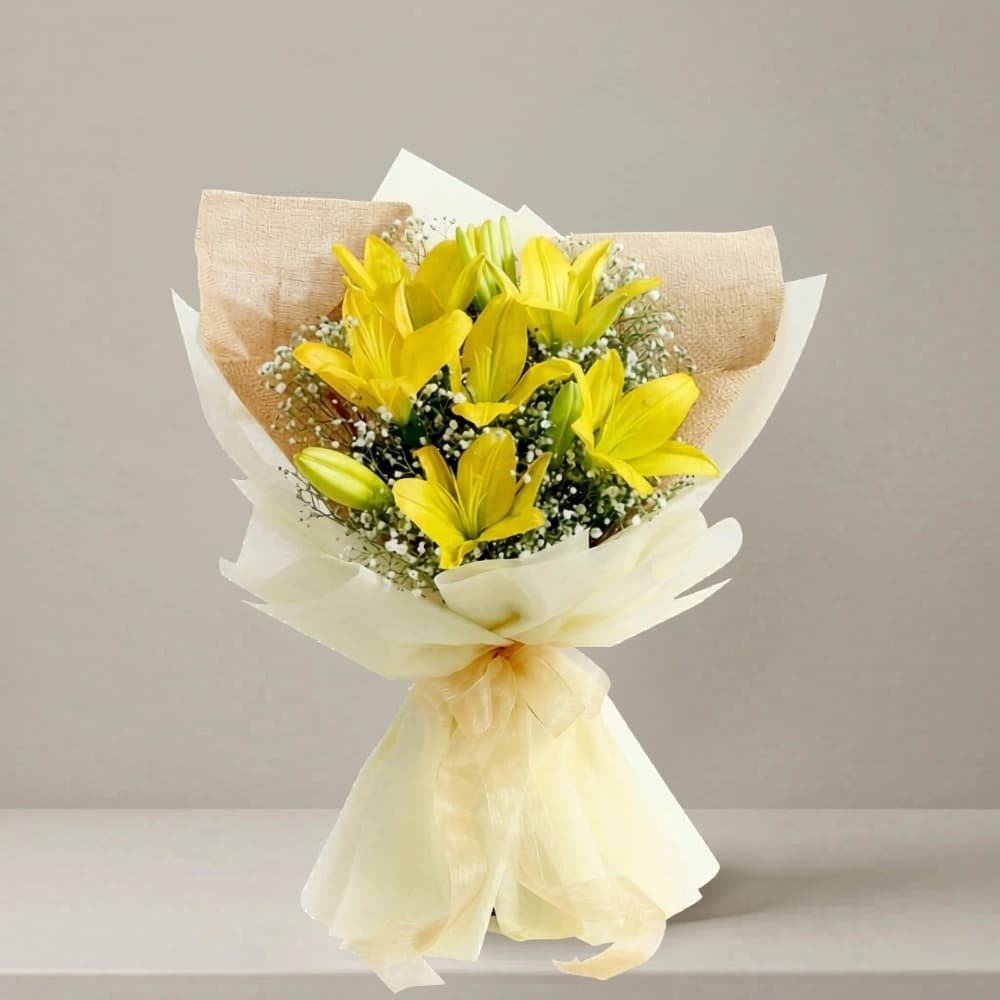 Fresh Yellow Lily Bouquet with Luxury Wrapping
