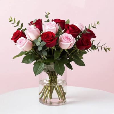 Fresh Pink & Red Roses Glass Vase