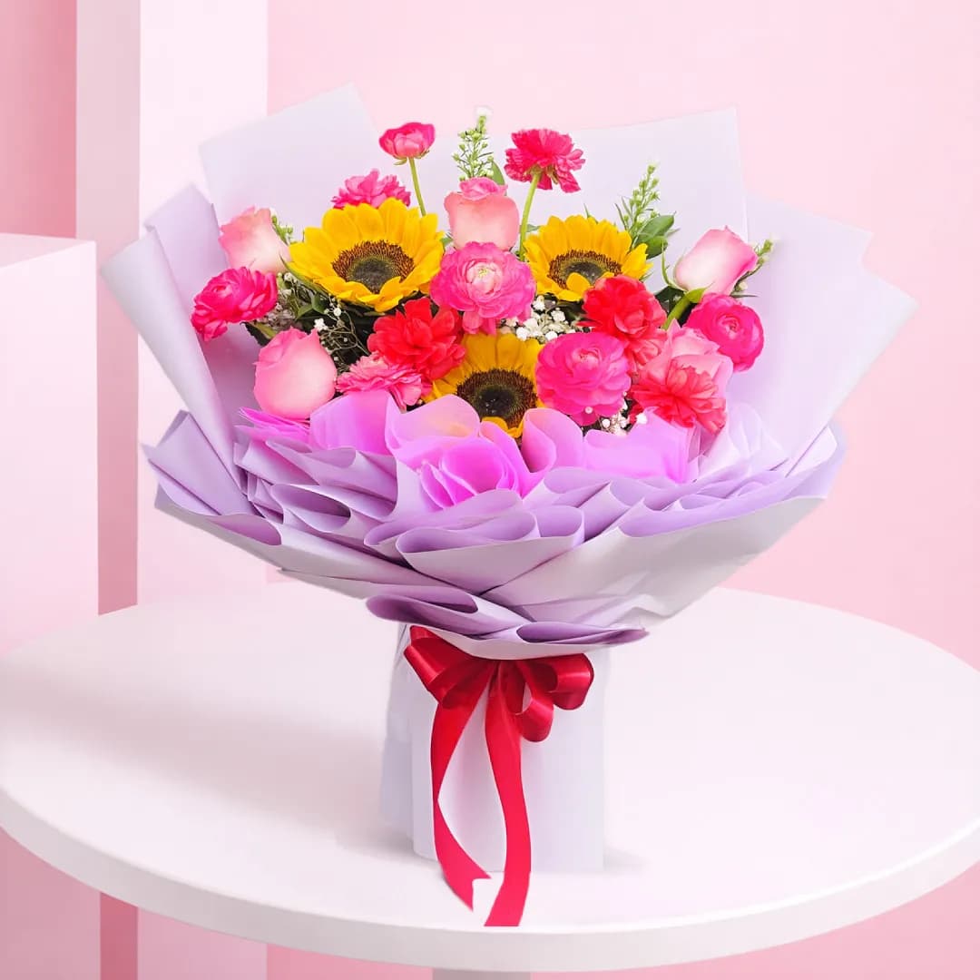 Red & Pink Roses with Sunflower Bouquet