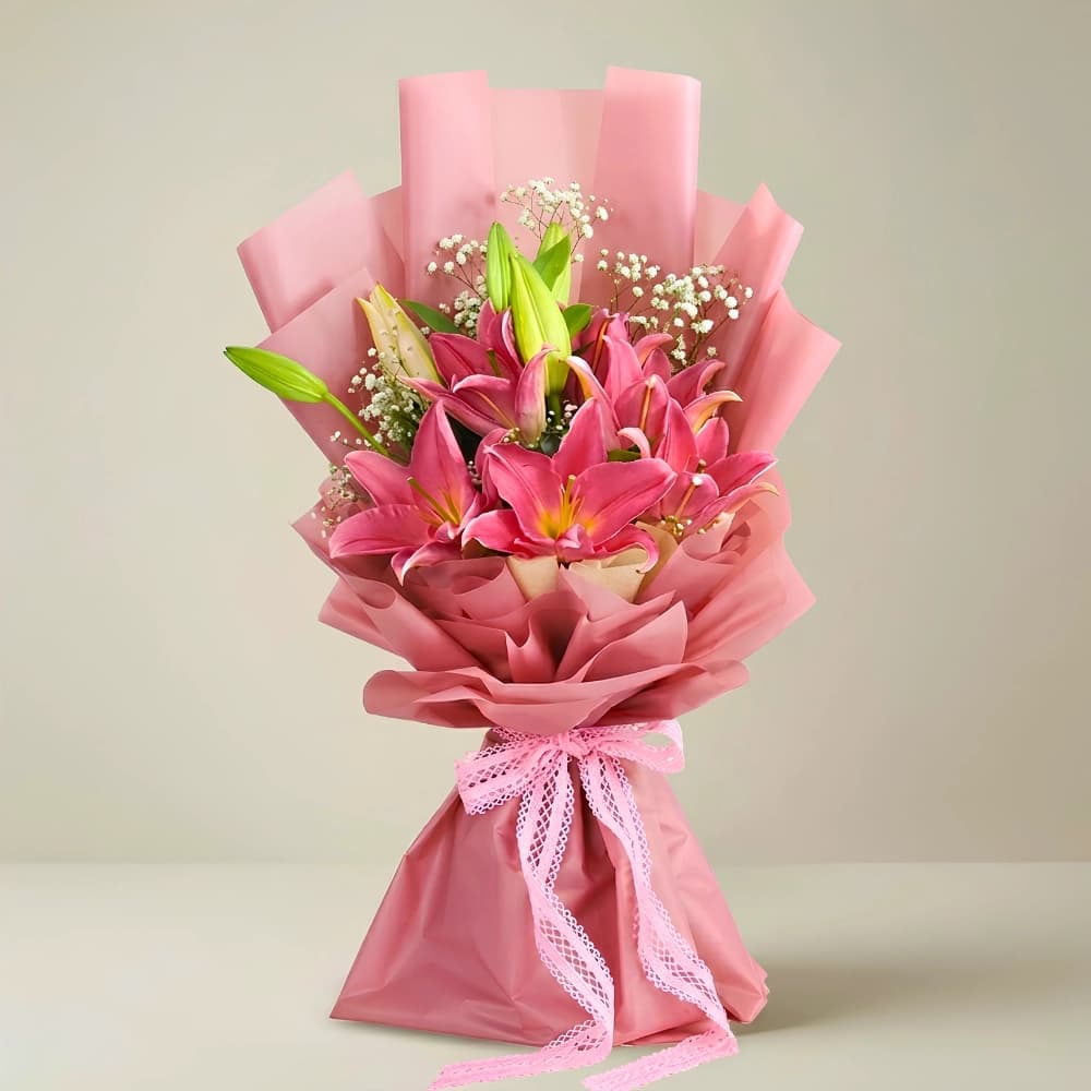 Romantic Pink Lily Bouquet with Premium Packing