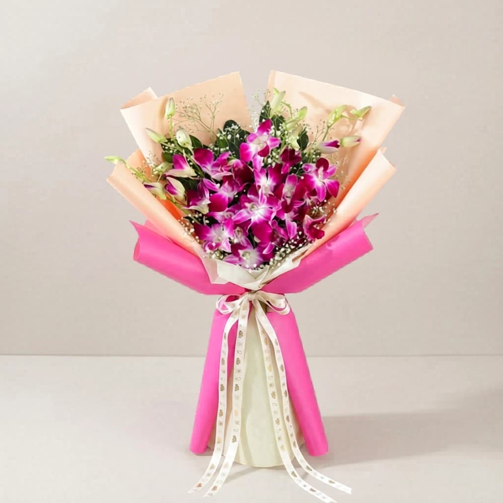 Purple Orchid With White Gypsy Bouquet