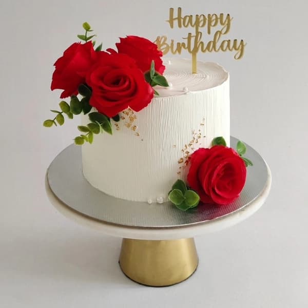 White Elegance Birthday Cake with Red Roses