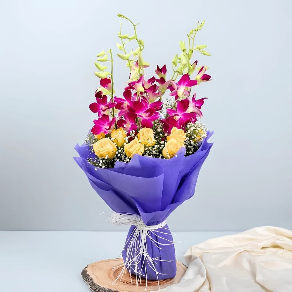 Yello Rose And Purple Orchid Bouquet