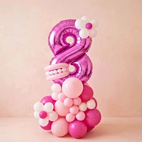 Pink Number 8 Balloon Arrangement with Floral Accents